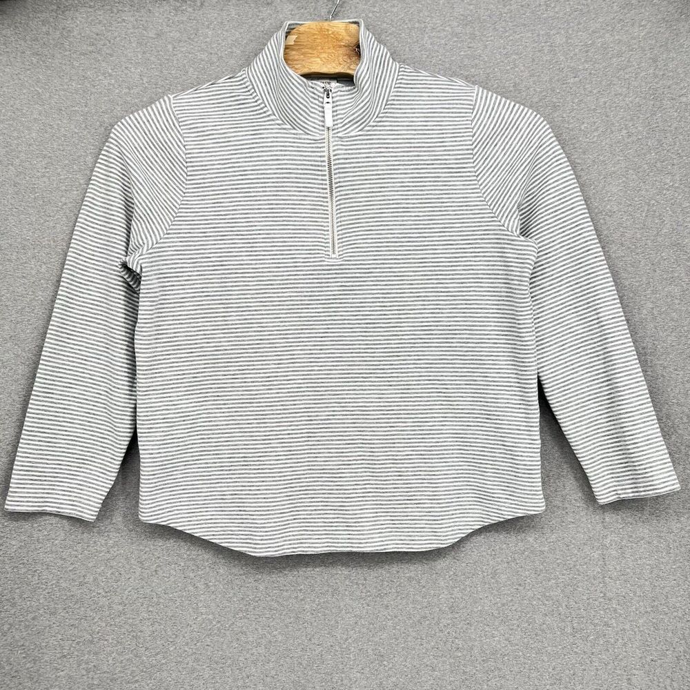 J Crew Pullover Womens XL Gray White Stripe French Terry Quarter 1/4 Zip